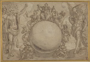 Apollo, Diana, and Time with the Cyclic Vicissitudes of Human Life, ca. 1561 (pen og brunt blæk med grå vask over spor af grafit, indridset til overførsel på lagenpapir) af Maarten de Vos