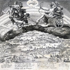 Luna: allegori over Månen (Diana) og Skorpionen, der er under dens indflydelse (stjernetegn) - gravering af Maerten de Vos (Marten de Vos, Marten de Vos) (1532-1603), n.d.