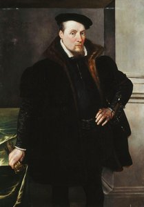 Portræt af en gentleman, trekvart længde, i en sort frakke med pelsfor, 1551 af Maarten de Vos