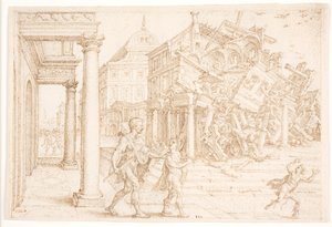 Samson ødelægger huset med filistrene af Maarten van Heemskerck
