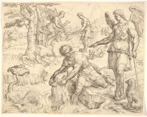 Tobias fanger fisken i floden Tigris af Maarten van Heemskerck
