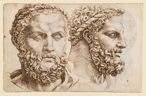 To studier efter hovedet af Vatikanets "Herkules" af Maarten van Heemskerck