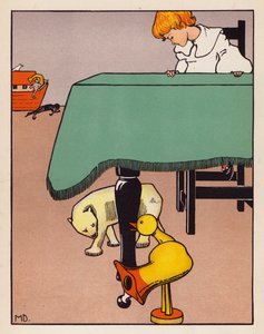 "Rundt om bordets ben" (farvelitografi)