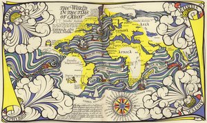 Kort over verden på navigatørens John og Sebastian Cabots tid (farve litho) af MacDonald Gill