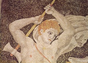 Jagten på hjorten, detalje af en jæger, fra mosaikken "House of the Abduction of Helen