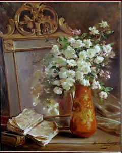 Den røde vase stilleben med spejl, buket blomster og bog. Maleri af Madeleine Lemaire (1845-1928), 20. århundrede. Privat samling