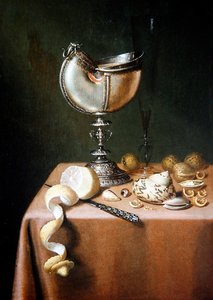 Et stilleben med en Nautilus-kop, en skrællet citron og valnødder (olie på panel)