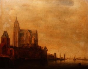Groote Kerk med udsigt over hovedtårnet, Emmerich i et flodlandskab med sejlbåde af Maerten Fransz van der Hulst