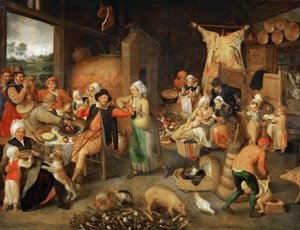 Bondestue med adelige besøgende - Marten van Cleve, den ældre (1527-1581). Olie på træ, ca 1566. Mål : 123x144 cm. Kunsthistorisk Museum, Vienne