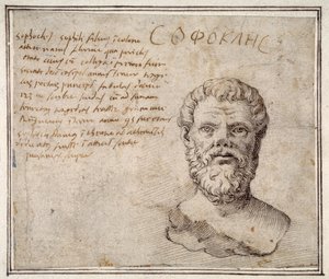 Antik buste af Sophocles, kommenteret, efter Fulvio Orsini (pen og blæk på papir) af Maerten van Heemskerck