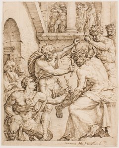 Kristus bliver kronet med torne, ca. 1548 (Pen, brunt blæk og sort kridt på buff-papir) af Maerten van Heemskerck