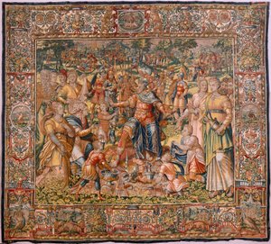 Stiftsmuseum (Stiftsmuseet). flamsk gobelin. Bruxelles. François Geubels værksted. Serien Historien om Gideon. Israelitterne giver deres del af byttet til Gideon. Silke og uld. Legat af Bisho af Maerten van Heemskerck