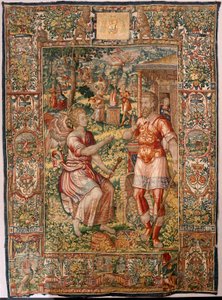Stiftsmuseum (Museo Diocesano). flamsk gobelin. Bruxelles. Atelier François Geubels. Serien Story of Gideon. Gideon og englen (Gedeón y el ángel). Silke og uld. Legat fra biskop Vicente Roca de la Serna. Barok. 1534-1571, i domkirken siden af Maerten van Heemskerck