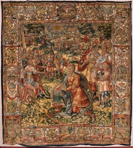 Stiftsmuseum (Museo Diocesano). flamsk gobelin. Bruxelles. Atelier François Geubels. Serien Story of Gideon. Miraklet med den uldne fleece (Prueba del vellón de lana). Silke og uld. Legat fra biskop Vicente Roca de la Serna. Barok. 1534-1571, dvs af Maerten van Heemskerck