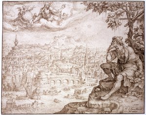 Jonah, Sidder under græskar, overvejer byen Nineve, 1566 (pen og brunt blæk indskåret med en penne på papir)