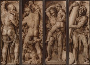 Saturn fortærer et barn; Hercules Slaying the Hydra; Hercules Lifting Antaeus; Hercules rejser søjlerne i Calpe og Abyla af Maerten van Heemskerck