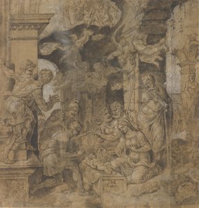 Hyrdernes tilbedelse, verso: Skitser, ca. 1532-37. af Maerten van Heemskerck