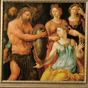 Vulcan overrækker Thetis skjoldet til Achilleus (maleri på egetræ) af Maerten van Heemskerck