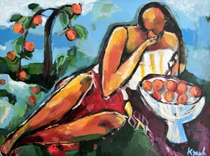 Liggende kvinde i abrikosfarve
