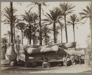 Liggende statue af Ramses II i Memphis, i forgrunden en dreng med et æsel Statue colossal de Ramesses II à Memphis (titel på objekt)