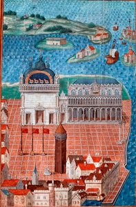 Udsigt over Markuspladsen med Dogepaladset i Venedig”” Miniature taget fra “” Beskrivelse eller omhandler regeringen og regimet i byen og herredømmet i Venedig””” af Mesteren af Philip de Geldre (1467-1547) Chantilly , Musee Conde af Maitre de Philippe de Gueldre