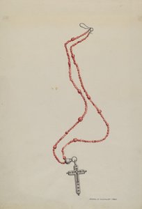 Koralperler og krucifiks, ca. 1937. af Majel G. Claflin
