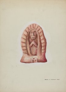 Lille statue af Guadalupe skåret i sten, ca. 1937. af Majel G. Claflin