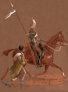 Trooper of the 9th Lancers rider med en afghansk soldat, der løber ved siden af sin hest af Major General R.G. Woodthorpe