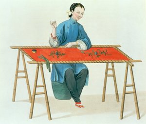 En kvinde i broderi, plade 41 fra "The Costume of China", graveret af J. Dadley, 1800