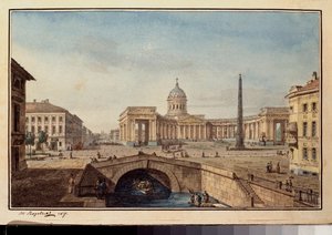 La cathedrale Kazan a Saint Petersburg (Kazan-katedralen i Sankt Petersborg) - Værk af Maxim Nikiphorovich Vorobyev (Vorobiev) (1787-1855), blæk og akvarel på papir