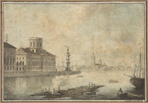 Udsigt over Neva og Videnskabsakademiet - Maxim Nikiphorovich Vorobyev (1787-1855). Pen, pensel, akvarel, blæk på papir, slutningen af 1820