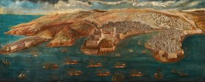 Udsigt over Fort Ricasoli, Castle St Angelo, LIsola og Cotonera-linjerne fra Valletta, 1679