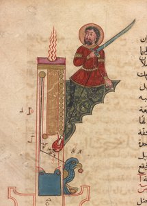Et stearinlys ur, folio fra Kitab fi ma`arifat al-hiyal al-handisaya (Bogen om viden om geniale mekaniske anordninger) Automata af al-Jazari (d. 1206) (blæk, uigennemsigtig akvarel & guld på papir) af Mamluk Sultanate school