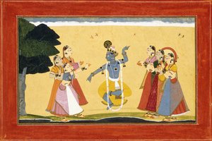 Krishna danser foran cowgirls, mens de klapper i hænderne, ca. 1730-1735
