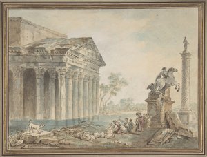 Arkitektonisk Capriccio med romerske monumenter og vaskekoner, n.d.. af Manner of Hubert Robert