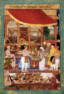 Kejser Jahangir vejer prins Khurram i guld, ca. 1610-1615 (miniature) af Manohar Manohar