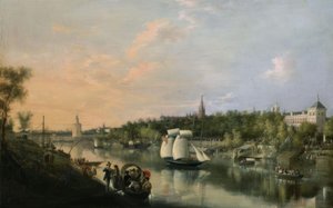 EL GUADALQUIVIR SOM DEN GÅR GENNEM SEVILLA – 1851 – OELO / LÆRD 86,5X135,4CM
