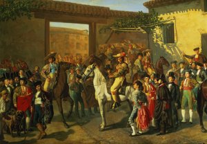 Heste i en gårdhave ved tyrefægterarenaen før tyrefægtningen, Madrid, 1853 (detaljer) af Manuel Castellano