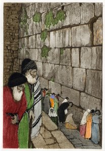 Jøder foran Grædemuren, den eneste rest af Jerusalems tempel bygget af kong Salomon i -950. Gravering af Manuel Orazi (1860-1934), i "" L