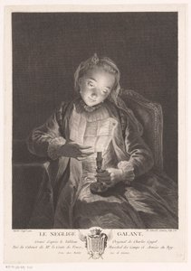 Pige læser et brev ved levende lys Le neglige galant (titel på objekt)