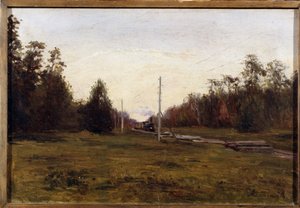 Landskab med et tog. Maleri af Manuil Christoforovitsj Aladzhalov (1862-1934). Olie på pap, 29,5 x 43,5 cm. Russisk kunst i begyndelsen af ​​det 20. århundrede. Regionalt kunstmuseum, Plyos. ©FineArtImage/Leemage af Manuil Christoforovich Aladzhalov
