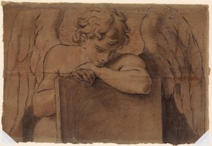 Tegneseriefragment til en engel, der læner sig op på en tablet eller en lukket bog, ca. 1690-95.