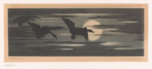 Tre ænder går forbi den nedgående sol af Marc Henry Meunier (attributed to)