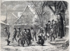 Ude af skolen om vinteren. Gravering efter et maleri af M. B. Vautier i "The Universe Illustrous" af Marc Louis Benjamin (after) Vautier
