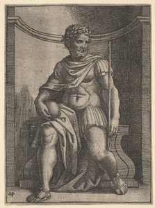 En romersk kejser, der sidder i en niche med en globus og scepter og kigger på sin..., ca. 1500-1534. af Marcantonio Raimondi