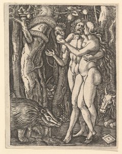 Adam og Eva med æble og slange, ca. 1500-1534.