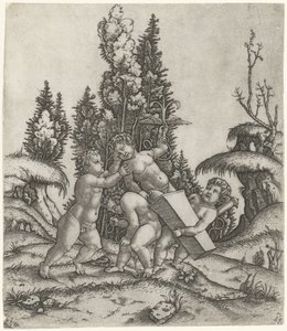 Amor og to putti eller børn bærer en statue af en putti med et bevinget anker på en piedestal af Marcantonio Raimondi