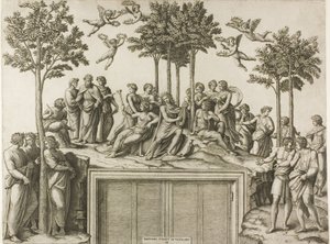 Apollon på Parnassus af Marcantonio Raimondi