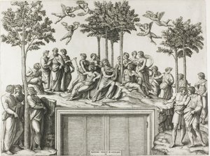 Apollon på Parnassus, omgivet af muserne og digterne af Marcantonio Raimondi