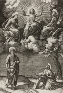 Kristus, Jomfruen og Johannes Døberen med de hellige Paul og Catherine af Marcantonio Raimondi